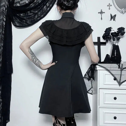 Gothic Ruffled Lower Back Mesh Yarn Hottie A-line Small Black Pleated Gothic Dress