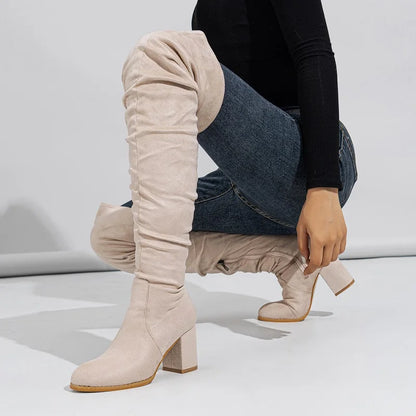 2024 Winter Zipper Flock Square Heel Thigh Long Botas De Mujer Knee High Boots