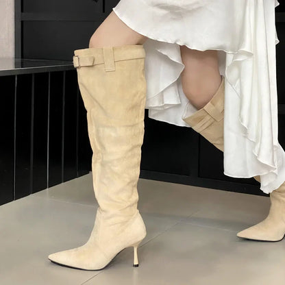 2024 Winter Buckle Strap Sexy Pointed Toe Thin Heels Thigh Long Knee High Boots