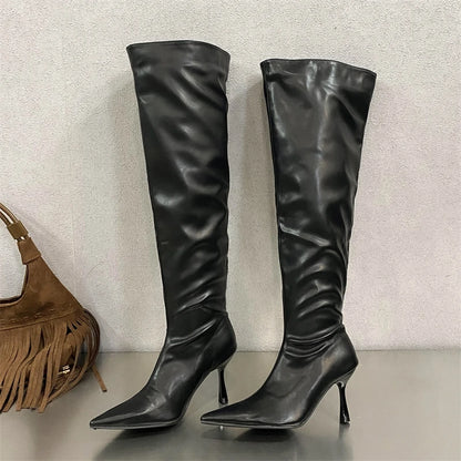 2024 Winter Sexy Pleated Designer Pointed Toe Long Thin Heels Knee High Boots