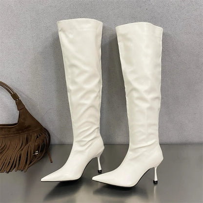 2024 Winter Sexy Pleated Designer Pointed Toe Long Thin Heels Knee High Boots