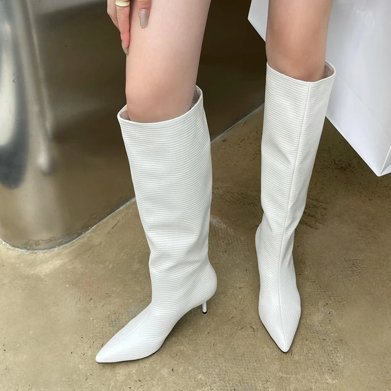 Design Pointed Toe Party Dress Street Style Thin Low Heels Knee High Boots