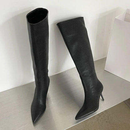 Design Pointed Toe Party Dress Street Style Thin Low Heels Knee High Boots