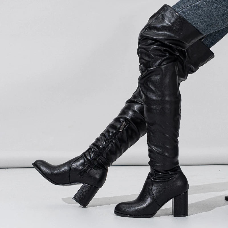 Designer Pleated Over-the-Heels Runway Round Toe Zipper Knee High Boots