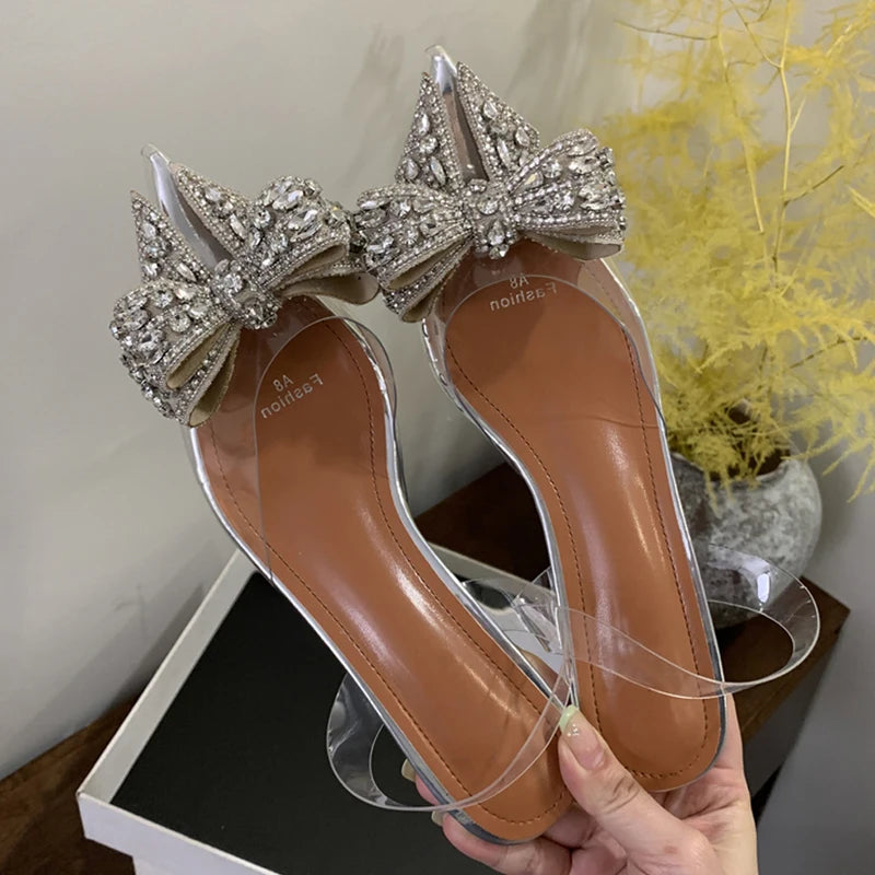 Elegant PVC Transparent Sequined Bowknot Women High Party Prom Shoes Low Heel Pumps