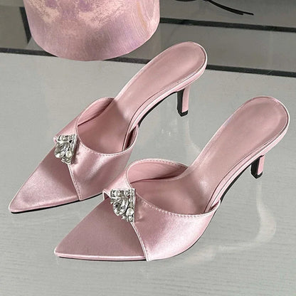 Fashion Diamond Women Slippers 2024 Summer Pointed Toe Ladies Slides Sandals Low Heel Pumps