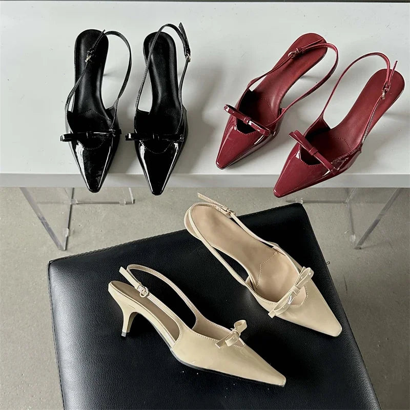 Fashion Pointed Toe Elegant Women Slingbacks Buckle Strap Thins Wedding Party Mules Shoes Low Heel Pumps