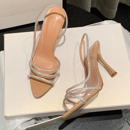 Summer Sexy Slingback Highs Rhinestones Elegant Pointed Toe Transparent PVC Party Shoes Low Heel Pumps