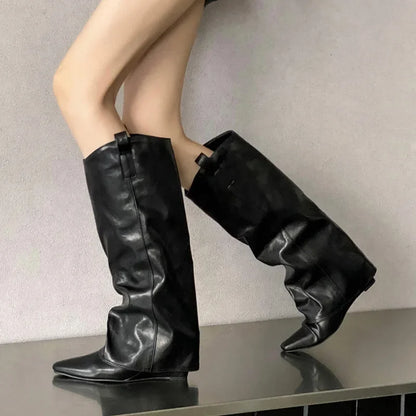 Fashion Wedges Heels Pleated Pointed Toe Design Style Ladies Knee High Boots