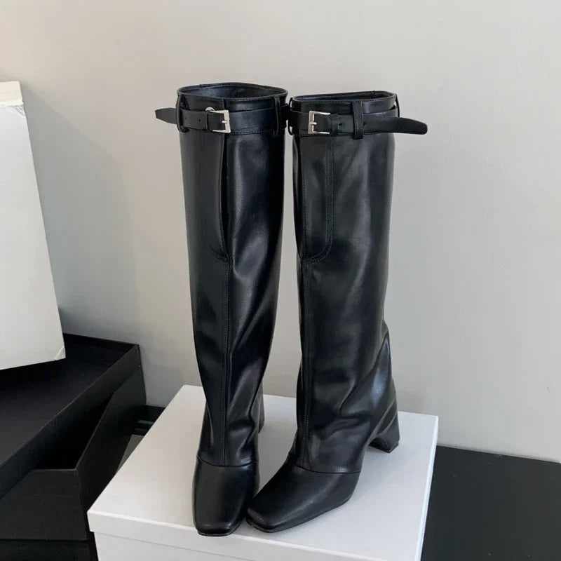 New Winter Street Style Belt Buckle Strap Square Heels Stripper Knee High Boots