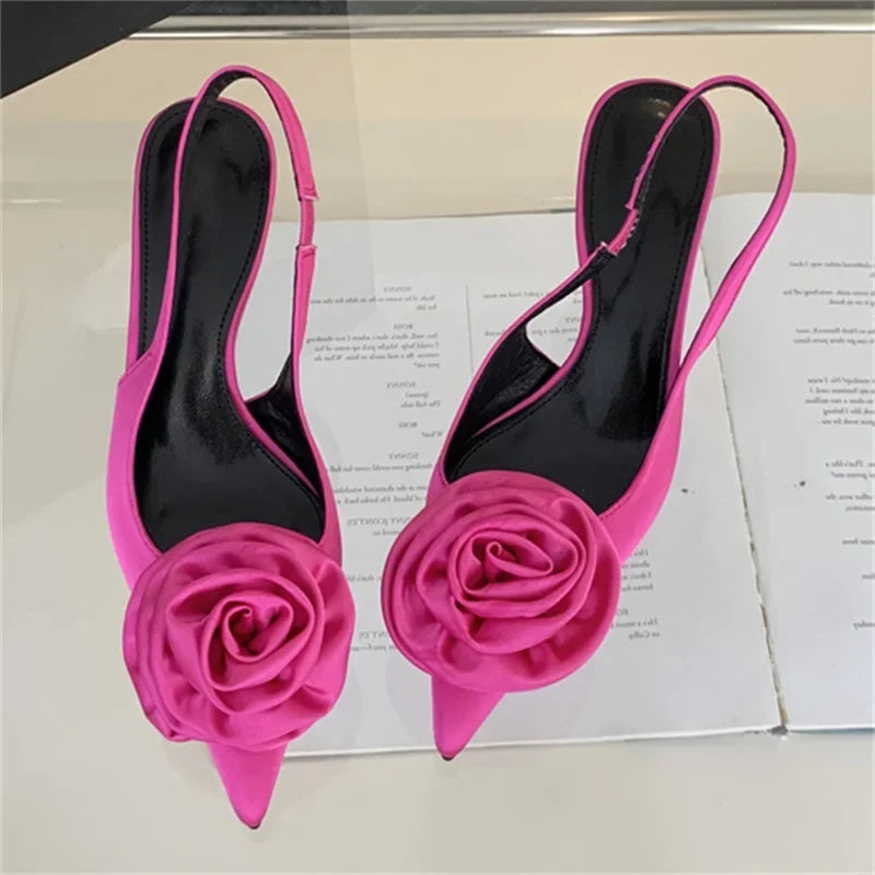 Satin Slingback Women Sexy Design Pointed Toe Thin Highs Banquet Wedding Mule Shoes Low Heel Pumps