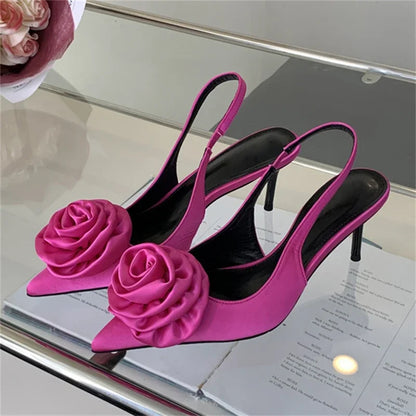 Satin Slingback Women Sexy Design Pointed Toe Thin Highs Banquet Wedding Mule Shoes Low Heel Pumps