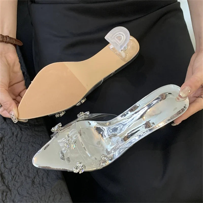 Sexy Diamond PVC Transparent Pointed Toe High Women Slippers Summer Slide Shoes Low Heel Pumps