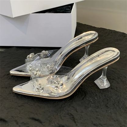 Sexy Diamond PVC Transparent Pointed Toe High Women Slippers Summer Slide Shoes Low Heel Pumps