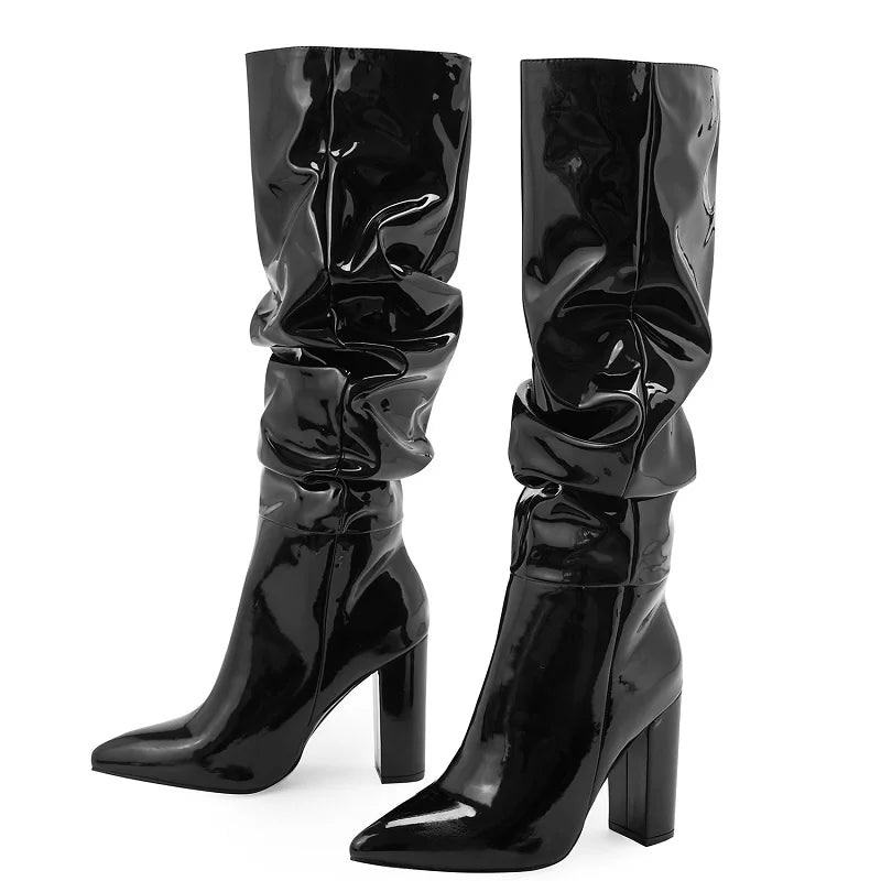 Sexy Street Designer Pointed Toe Patent Leather Chunky Heels Knee High Boots