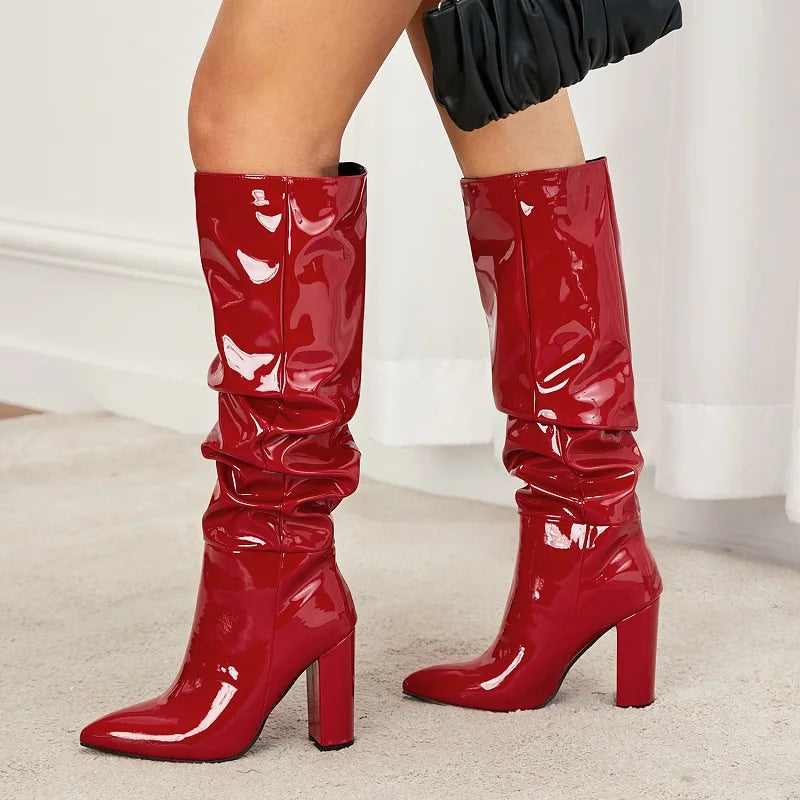 Sexy Street Designer Pointed Toe Patent Leather Chunky Heels Knee High Boots