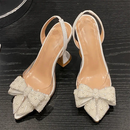 Spring Butterfly-knot PVC Transparent String Bead Women Fashion Pointed Toe Party High Mules Shoes Low Heel Pumps