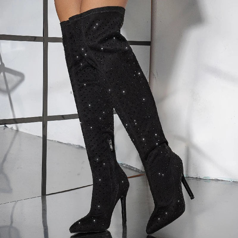 Street Style Fashion Pointed Toe Stiletto Side Zipper Crystal Heels Knee High Boots