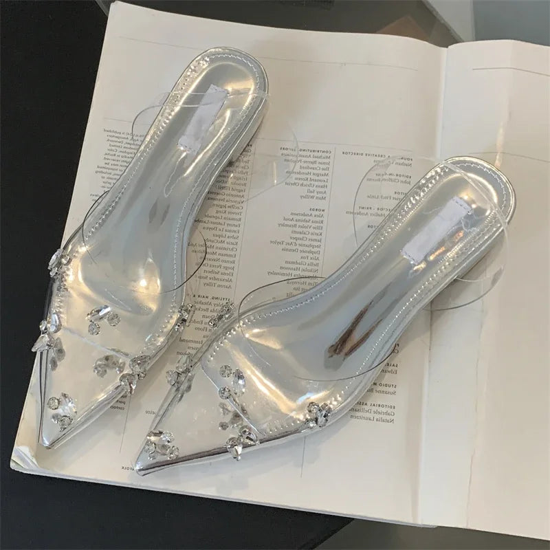 Street Style Mule Women Fashion PVC Transparent Elegant Pointed Toe Party Prom Shoes Low Heel Pumps