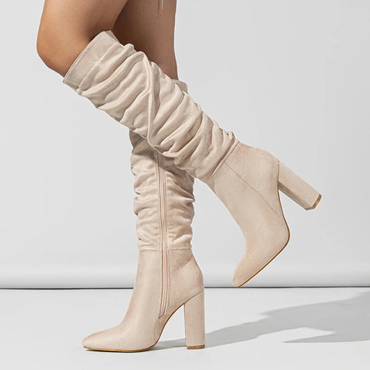 Street Style Pleated Pointed Toe Zip Thigh Square Heel Over The Knee High Boots