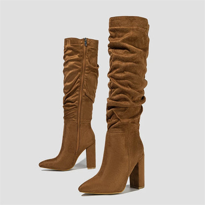 Street Style Pleated Pointed Toe Zip Thigh Square Heel Over The Knee High Boots