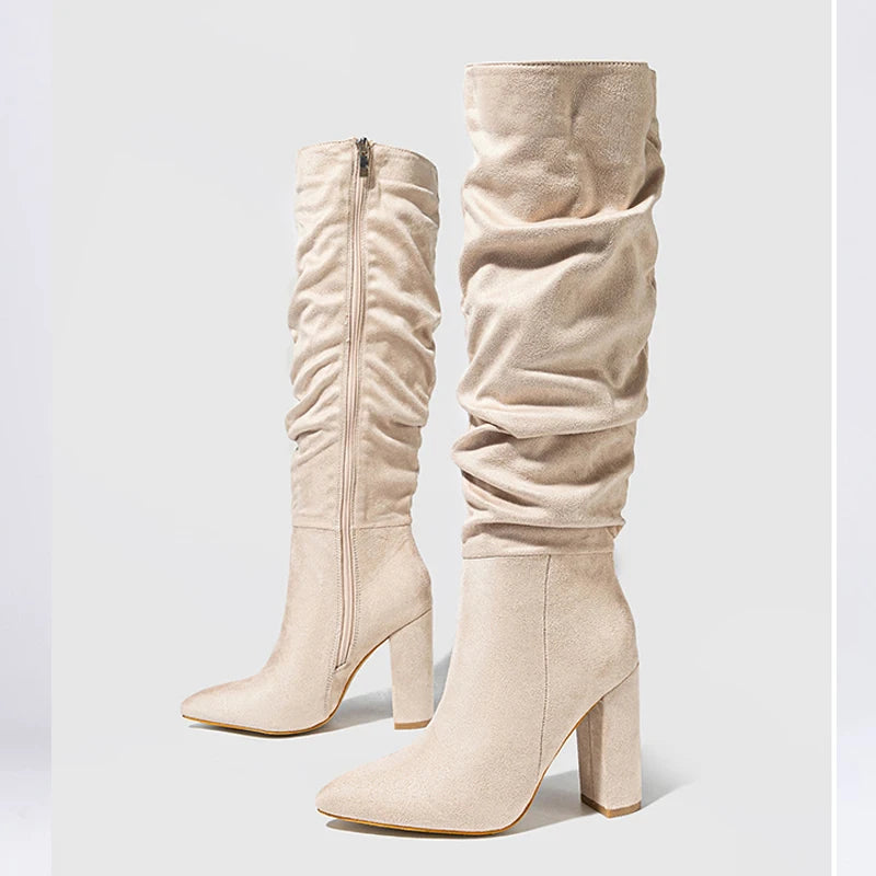 Street Style Pleated Pointed Toe Zip Thigh Square Heel Over The Knee High Boots