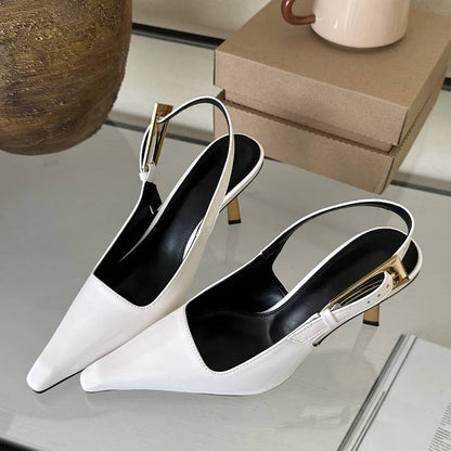 Street Style Sexy Pointed Toe Metal Buckle Strap Women Stripper Slingback High Shoes Low Heel Pumps