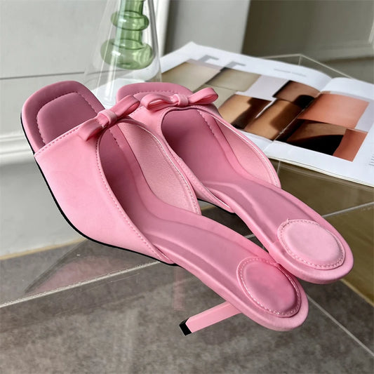 Summer Fashion Butterfly-knot Satin Women Slipper Slip On Ladies Sandal Thin High Outdoor Slides Shoes Low Heel Pumps