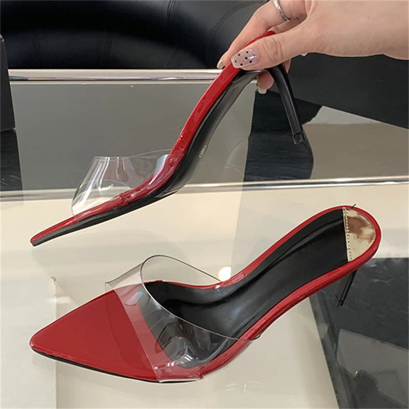 Summer Sexy PVC Transparent Slipper Women Pointed Toe Slides Stripper Sandal Thin Mule Shoes Low Heel Pumps