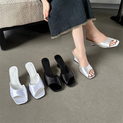 Summer Silk Wedges High Open Toe Women Slippers Mule Beach Slides Shoes Low Heel Pumps