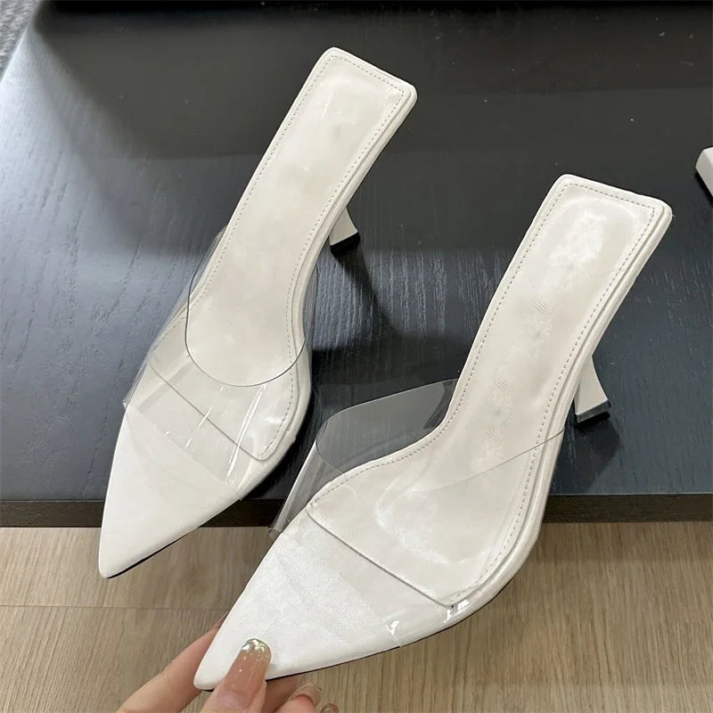 Summer Street Style PVC Transparent Highs Pointed Toe Women Slippers Fashion Party Shoes Low Heel Pumps