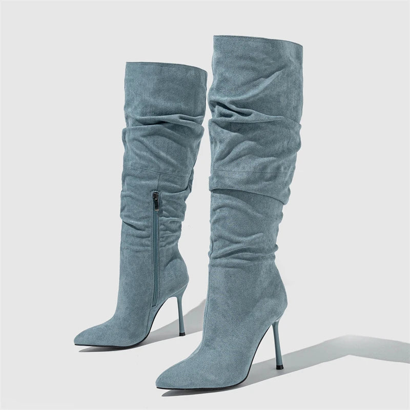 Winter Fashion Sexy Pleated Denim Pointed Toe Thin Heels Knee High Boots