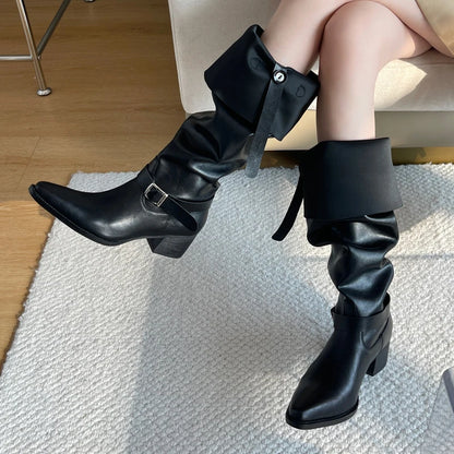 Winter Punk Style Designer Square Heels Buckle Strap Shoes Knee High Boots