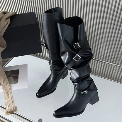 Winter Punk Style Designer Square Heels Buckle Strap Shoes Knee High Boots