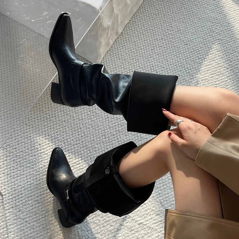 Winter Punk Style Designer Square Heels Buckle Strap Shoes Knee High Boots