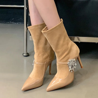 Rhinestone Accented Pointed Toe Elastic Heeled Ankle Boot