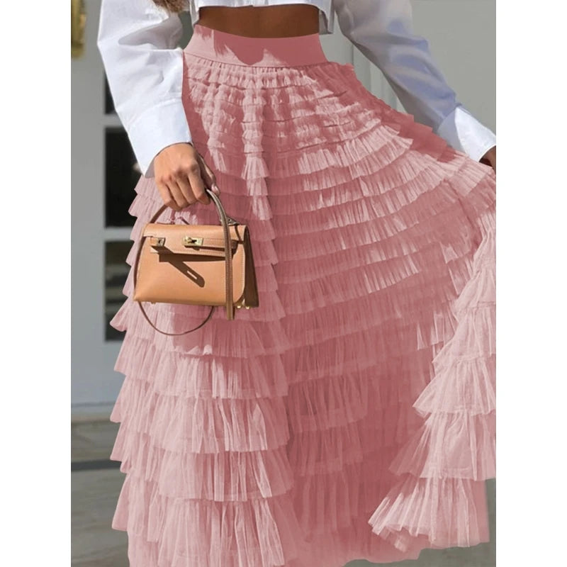 Elegant Fairy Tulle Tiered Elastic High Waist Mesh Ruffle Layered Long Skirt