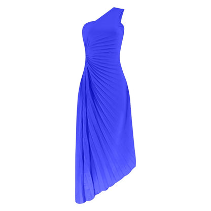 Elegant One Shoulder Pleated Simple Sleeveless High Waist Long Formal Party Summer Casual Dress