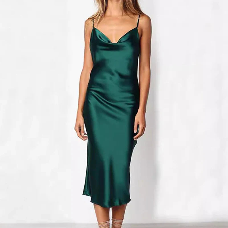 Green Satin Long Backless Evening Dress for Summer and Christmas Parties