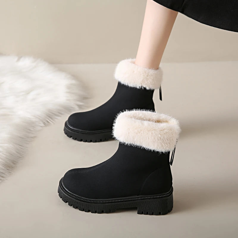 Elegant and Simple Women's Plush Shoes 2024 New Back Zipper Design Fashionable and Versatile Winter Cotton Boots Botas De Mujer