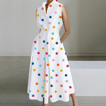 Fashion Casual Turn-down Collar  Printed Sleeveless Loose Elegant Slim Fit Midi Dresses