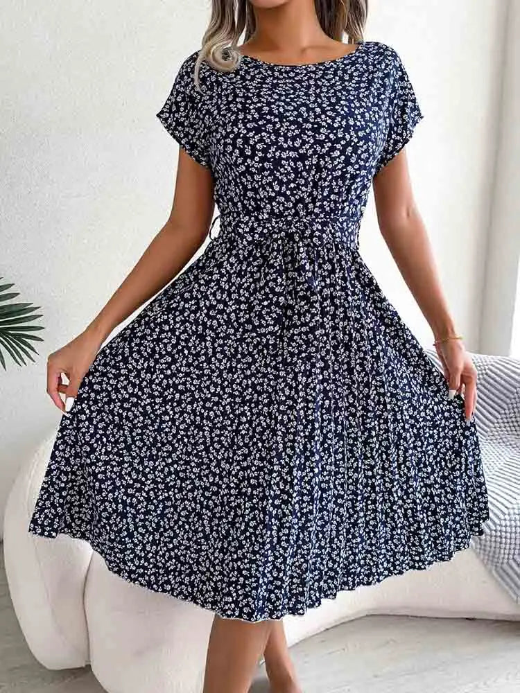 Fashion Floral A Line Short Sleeve High Waist Chic Midi Dresses