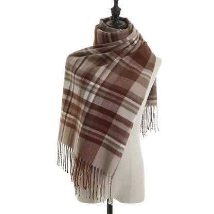 Vintage Plaid Cashmere Knit Tassel Scarf for Women