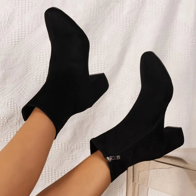 Fashion Knitted Stretch Sewing Square Heels Women Ankle Boot