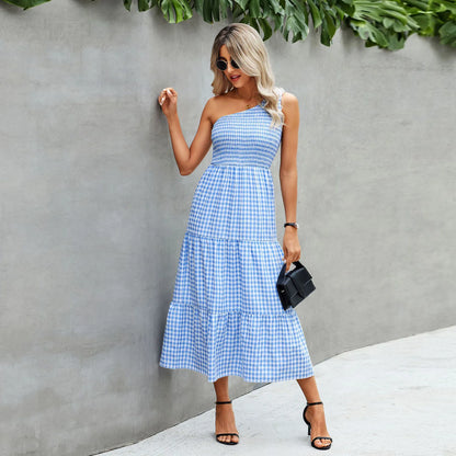 Fashionable One Shoulder Sleeveless Gingham Print 2024 Summer Casual Loose Holiday Elegant Woman Party Dress