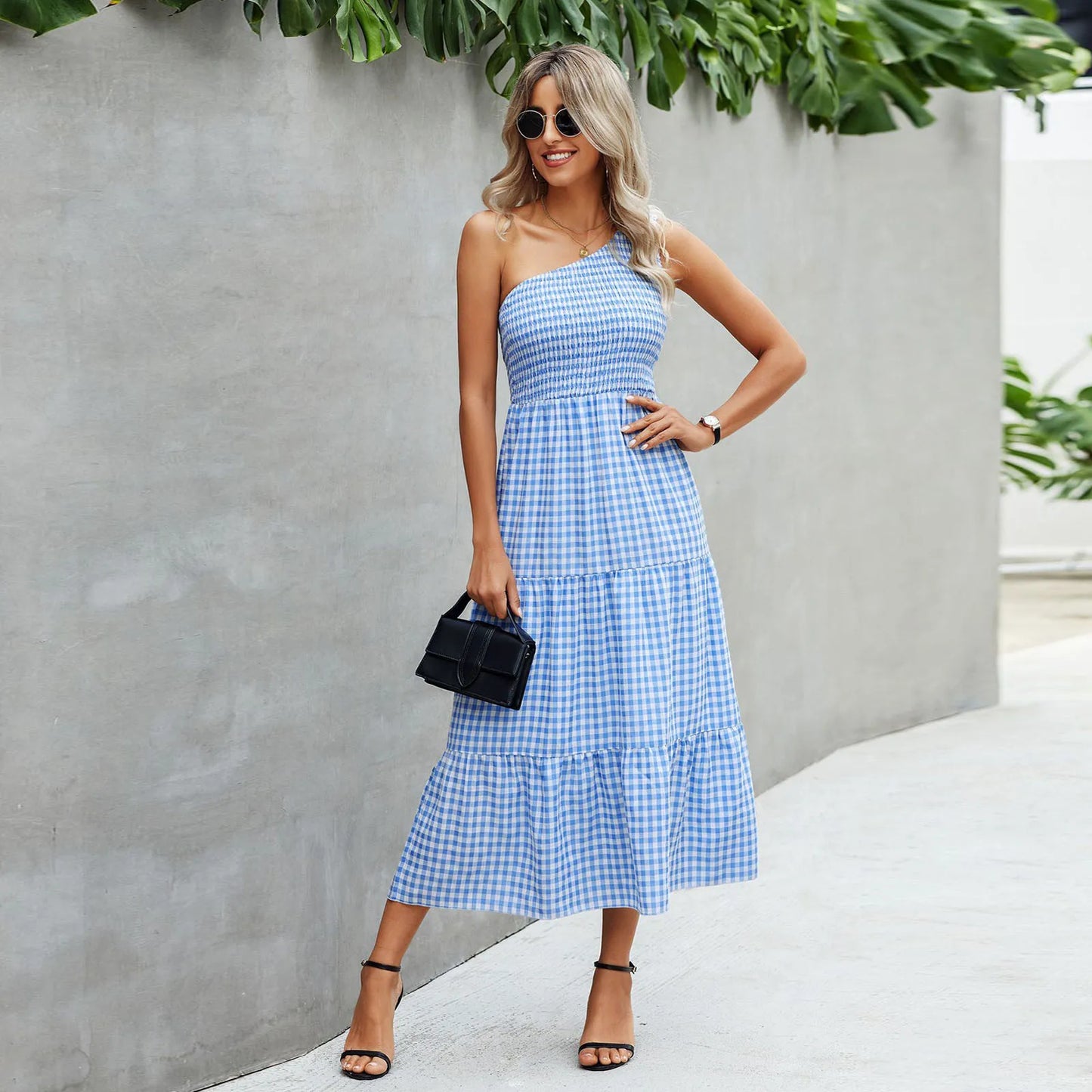 Fashionable One Shoulder Sleeveless Gingham Print 2024 Summer Casual Loose Holiday Elegant Woman Party Dress