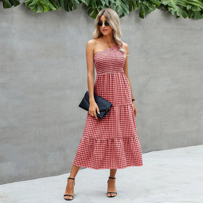 Fashionable One Shoulder Sleeveless Gingham Print 2024 Summer Casual Loose Holiday Elegant Woman Party Dress