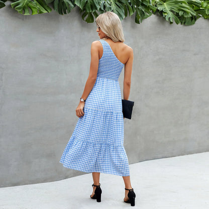 Fashionable One Shoulder Sleeveless Gingham Print 2024 Summer Casual Loose Holiday Elegant Woman Party Dress