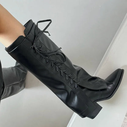 Fashion Pointed Toe Heels Designer Lace Up Footwear Western Knee High Boots