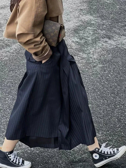 Striped Suit Pleated Harajuku High Waisted Pocket Slim Long Skirt